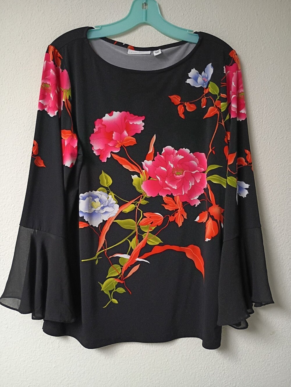 Susan Graver Black Top with Pink & Red Floral Print